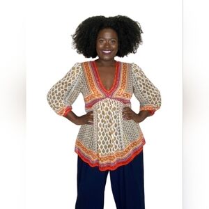 NWOT Rose And Olive Sheer Printed Ling Sleeve With Elastic Top M